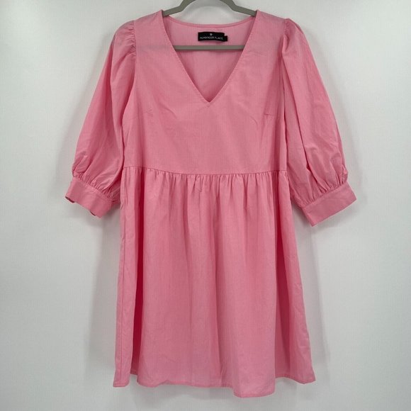 Pomander Place by Tuckernuck Pink Lizzie Mini Dress Babydoll Poplin V-Neck sz M - Picture 2 of 6